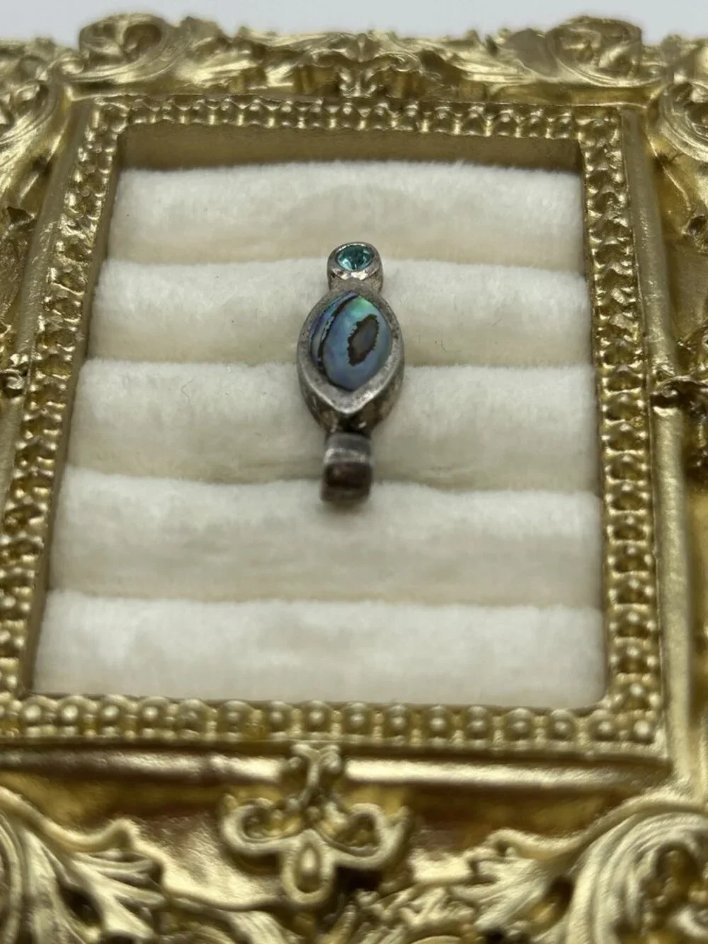 Vintage Sterling Silver Abalone Pendant Marquise Inlay Blue Stone Accent - Picture 4 of 12